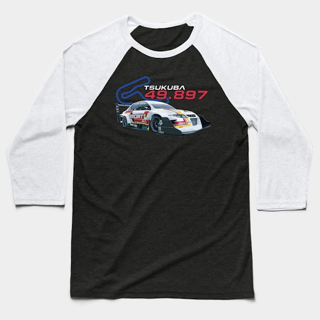 FIRE ANDO Escort Racing team tIME Attack record Tsukuba Mitsubishi Lancer Evolution IX Baseball T-Shirt by cowtown_cowboy